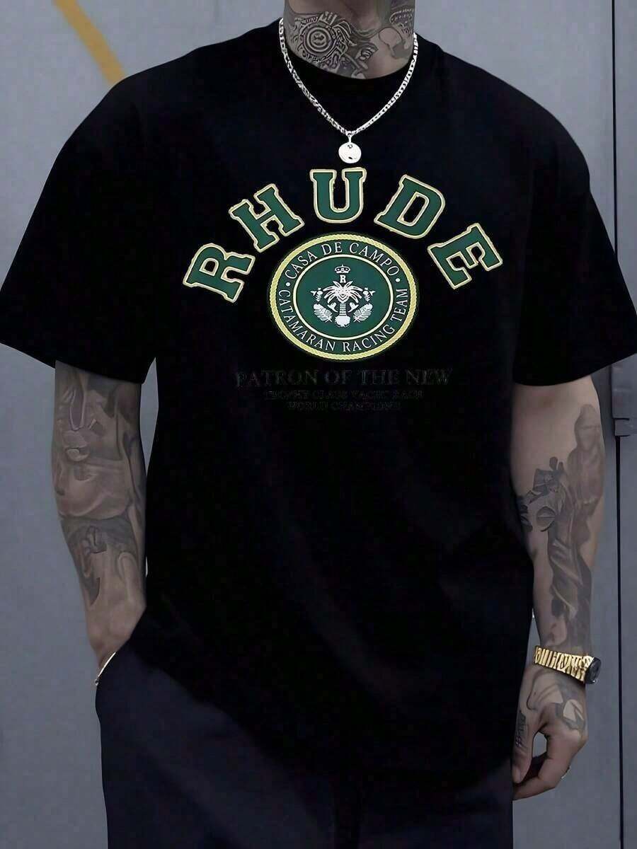 Men's 100% Cotton T-Shirt With A Royal Emblem Print Symbolizing Victory And Prestige, Embodying The Spirit Of The Casa De Campo Rhude Catamaran ; Casual Short-Sleeved T-Shirts For Men And Women - 黑色 - 查看 1