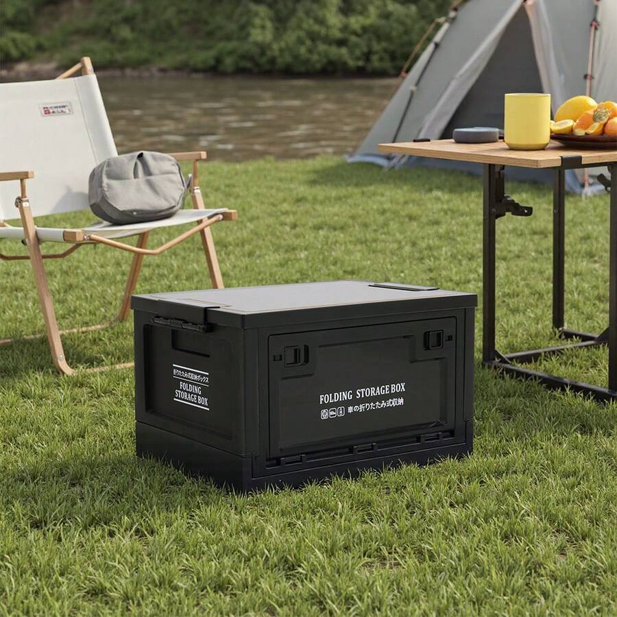 LIVINGANDHOME Black Outdoor Camping Foldable Storage Box With Wooden Tabletop & Stand, Multi-Functional Large Capacity Storage Organizer With Front Pull Ring & Side Snaps, Pressure-Resistant PP Material, Anti-Slip Grid Base, Collapsible Design For Easy Storage & Transport, Stackable Sturdy Storage Case For Camping, Picnic & Car Trunk - 30L Black(24cm H) - View 1