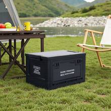 LIVINGANDHOME Black Outdoor Camping Foldable Storage Box With Wooden Tabletop & Stand, Multi-Functional Large Capacity Storage Organizer With Front Pull Ring & Side Snaps, Pressure-Resistant PP Material, Anti-Slip Grid Base, Collapsible Design For Easy Storage & Transport, Stackable Sturdy Storage Case For Camping, Picnic & Car Trunk - 30L Black(24cm H) - View 2