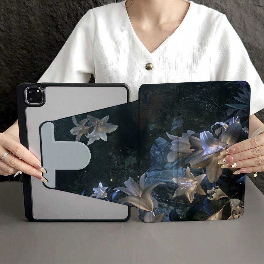 1 pieza Funda para tableta con flor de lirio giratoria 360°, con función de activación/suspensión automática, soporte plegable de tres pliegues, ranura para bolígrafo, compatible con iPad, Galaxy Tab y Pad, tableta, Pad - Multicolor - Ver 1