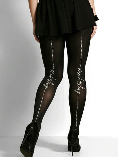 1 Piece Women's Black Shaping Pantyhose – With Vertical English Rhinestone Pattern, Elegant Lifting Effect, Essential For Spring And Summer, Versatile Stockings, Perfect For Daily Wear, Shopping And Dating Outfits.
