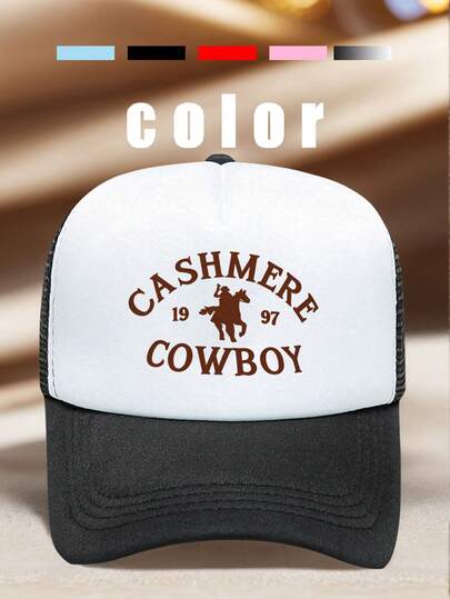 1顶印花卡通字母装饰海绵网眼卡车帽/棒球帽，非常适合日常佩戴、户外旅行、徒步旅行、海滩度假等场合。