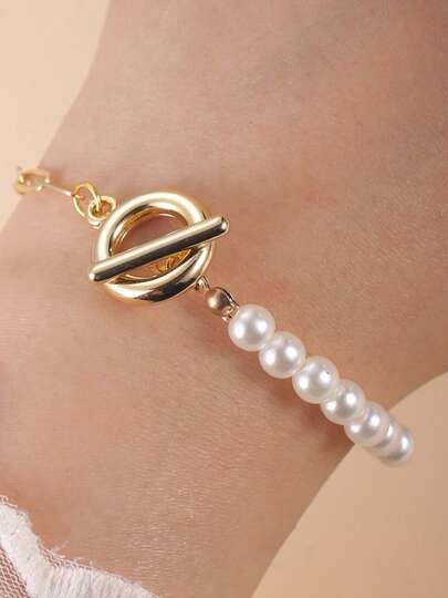 1pc Elegant Faux Pearl & Golden Clasp Bracelet, Suitable For Daily Wear And Gift Giving