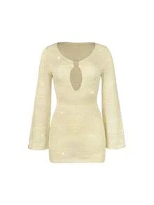 Sparkling Gold Knitwear Mini Dress With Deep V-Neck And Keyhole Cutout, Long Sleeves, Perfect For New Year's Or Fall Evenings - Apricot - View 6