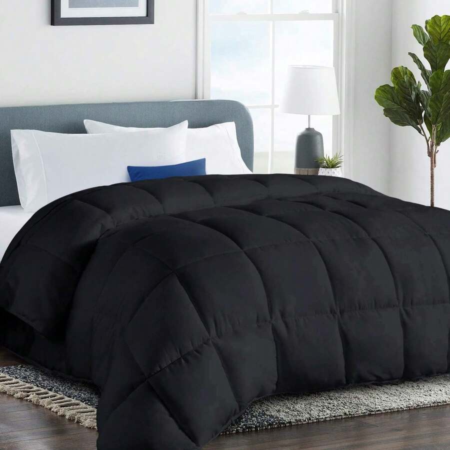 1pc Quilted Comforter - All Season Quilted Comforter, Polyester Fiber Filling, Bedding Comforter With Corner Loops - Black - View 1