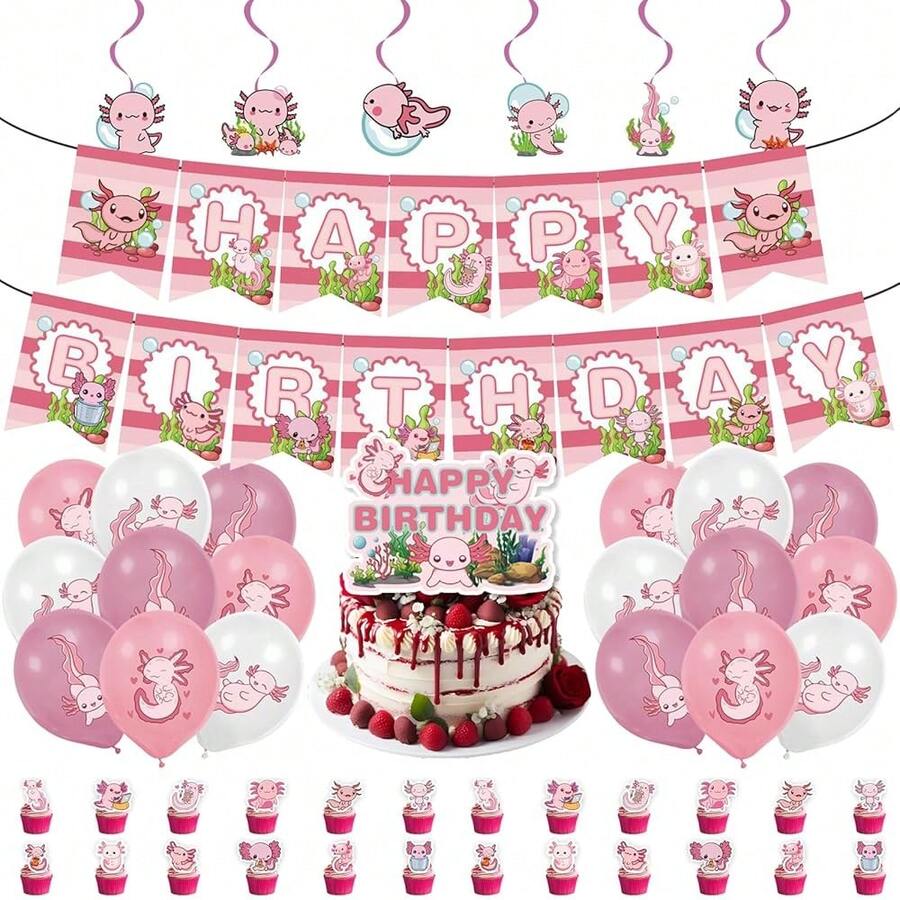 Axolotl Birthday Party Decorations, Banner Balloon Cake Cup Paper Cupcake Top And Center Decoration Spiral Hanging Ornaments - Kỳ nhông Mexico - Xem 1