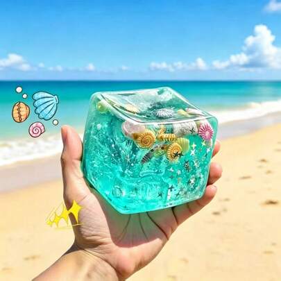 1pc Square Desktop Decor Filled With Assorted Seashells And Conches, Featuring Soft Blue Tones And Summer Ocean Elements. Soft And Squeezable, Ideal Desktop Decoration For Office Workers And Charming Home Decor. A Perfect Gift For Birthday Or Graduation.