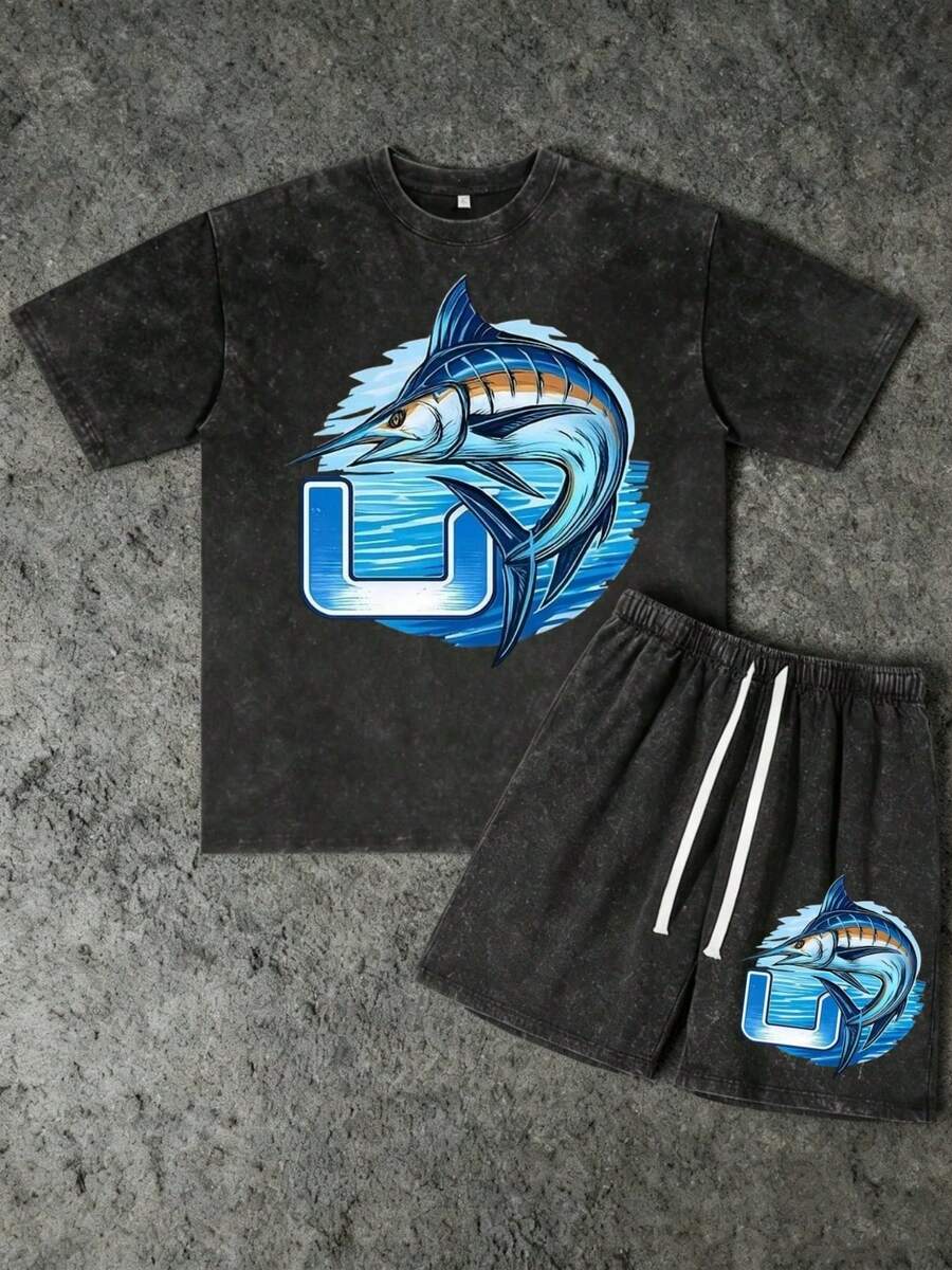 2PCS Set Men's Vintage Marlin & U Logo Huk Print 100% Cotton Washed Black Short Sleeve T-Shirt And Drawstring Shorts,Suitable For Summer Wear, Outdoor Fishing, Casual Shorts T-Shirt Shorts Set - 黑色 - 查看 1