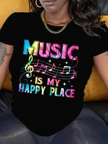 -Women's Graphic Shirt With Musical Note Pattern And The Phrase "Music Is My Haven Of Peace" --Casual Crew Neck Shirt, Soft And Breathable, Adorned With Colorful Musical Notes, Comfortable In All Seasons For Music Lovers, Ideal For Casual Wear And Themed Events, Versatile Music-Themed Garment. - Black - View 6