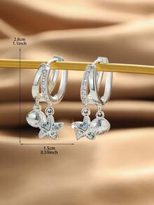 1 Pair Cute Ocean Creature Starfish & Shell Pendant Thick Silver Plated Hypoallergenic Double Arc Hoop Earrings With Cubic Zirconia, Summer Vacation Beach Style - Multicolor - View 5