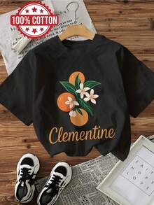 oberteile damen2026Frische Brise Orange Blume Clementine Print Kurzarm Rundhals T-Shirtsommer outfit damen - [Weiß] - Übersicht 6