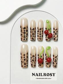 10pcs Handmade Press On Gift Box Included Y2K Leopard Print Cherry 3D Extra Long Square Nails Bold Baddie Style Reusable Luxury False Nails Party Vacation Nailrosy - Cà phê nâu - Xem 11