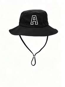1pc Kids Letter Print Sun Hat, Casual Design With Adjustable Wind Strap, Suitable For Outdoor, Beach Sun Protection - Black - View 41