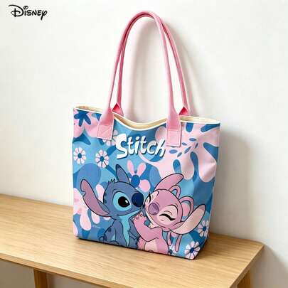 迪士尼史迪奇和安琪帆布手提包，可爱花卉印花情侣单肩包，日常使用