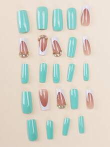 24片方形按压式假指甲/奢华薄荷绿撞色法式水钻方形按压式指甲/适合日常通勤、聚会和休闲佩戴。 - 彩色 - 查看 3