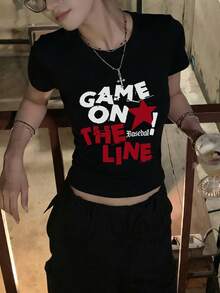 女款圓領短袖T恤，夏季新款字母印花，美式辣妹風，時尚休閒百搭修身短版上衣，黑色 - 黑色 - 查看 2