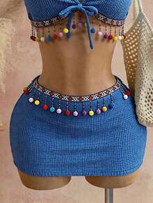 Women's 2-Piece Summer Set: Rope, Starfish & Shell Pendant Decor Cropped Tank Top And Mini Skirt - Blue - View 4