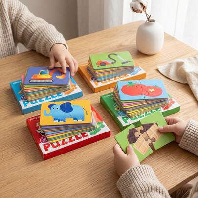 16 Stück 3-in-1 Puzzle Set (beinhaltet Muster, Zahlen und Wort-Zuordnung) - Themen mit Tieren, Supermarkt, Verkehr und Obst/Gemüse. Dieses Farbabgleich-Puzzle ist für frühes Lernen und kognitive Entwicklung konzipiert. Es ist ein Lernspielzeug, das frühe Kindheitsentwicklung und kognitive Fähigkeiten fördert, mit Puzzle-Zuordnungsspielen und Cartoon-Formenerkennung, was es zu einem tollen Geschenk macht.