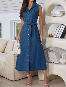 Đầm midi denim không tay cài cúc dành cho nữ, có cổ và túi, kiểu dáng chữ A thắt dây thoải mái, thích hợp cho mùa xuân. - Rửa tối - Xem 11