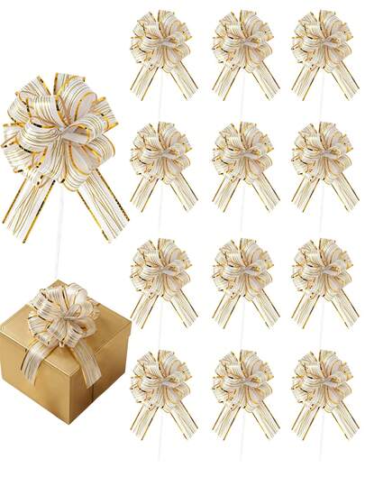 6 piezas Lazos a rayas blancas y doradas - Hechos de plástico resistente con diseño de punta ancha, ideales para bodas, envoltura de regalos, decoraciones de fiestas - Rayas doradas, paquete a granel - Lazos resistentes aptos para cajas, cestas y eventos