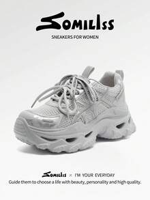 somiliss 女士6厘米厚底时尚厚底运动鞋，薄网布和皮革拼接，舒适轻便休闲步行鞋，适合日常通勤穿着，2026夏季新款灰色 - 淺灰色 - 查看 2