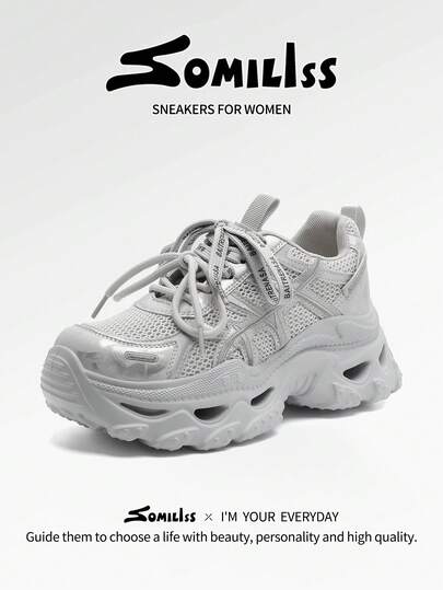 somiliss Women's 6cm Platform Thick Sole Fashion Chunky Sneakers, Thin Mesh & Leather Patchwork, Comfortable Lightweight Casual Walking Shoes, Versatile For Daily & Commute, 2026 Summer New Gray