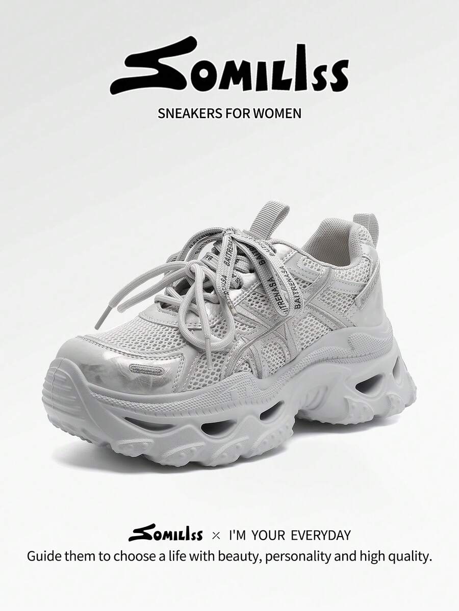 somiliss 女士6厘米厚底时尚厚底运动鞋，薄网布和皮革拼接，舒适轻便休闲步行鞋，适合日常通勤穿着，2026夏季新款灰色