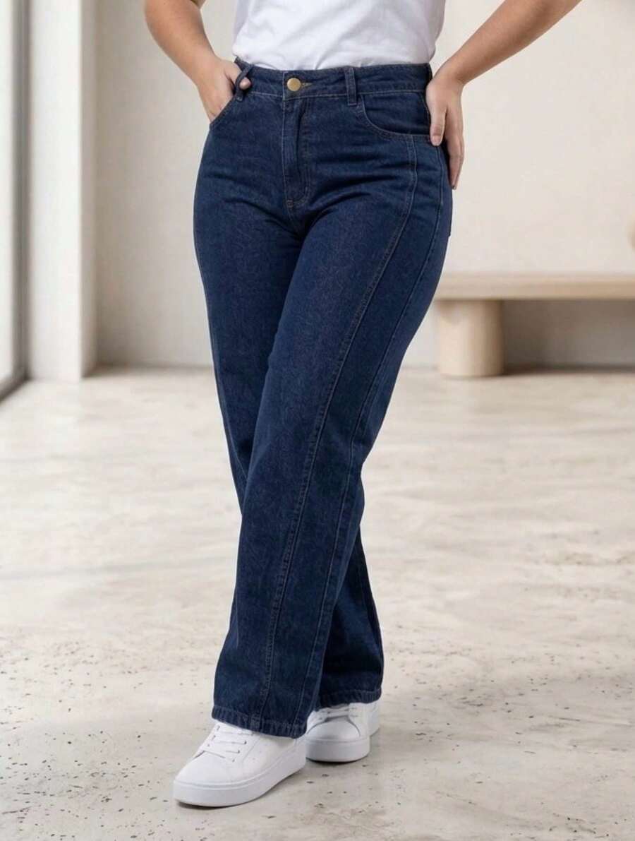 Women's High-Waisted Dark Blue Straight Leg Jeans - Premium Comfort - 深色水洗藍 - 查看 1