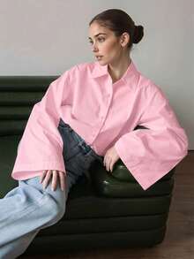 Women's Elegant Solid Color Casual Turndown Collar Long Sleeve Shirt, Polyester, Graceful For Office & Daily Wear, Spring/Summer Pink - Pink - View 5