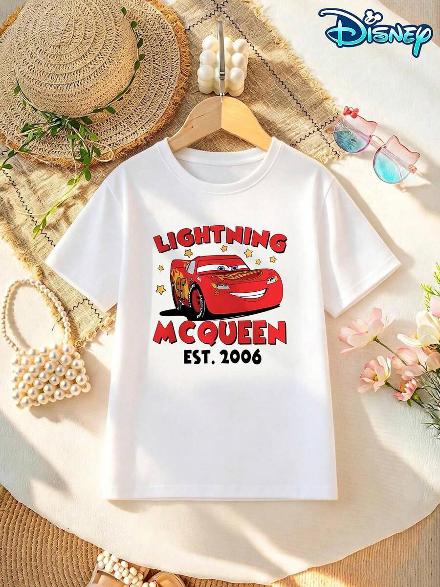 Disney Licensed Style | Cars Lightning McQueen Print Crew Neck Kids' Short Sleeve T-Shirt - Speed Vitality & American Casual Vibe, Soft Breathable Fabric, Crew Neck, Ideal For Racing Themed, Vacation, Travel & Daily Casual Wear - trắng - Xem 1