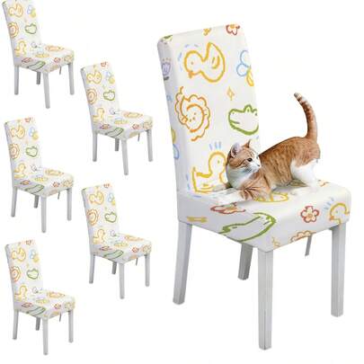 1pc/2pcs/4pcs/6pcs/30pcs Cute Hand-Painted Duckling Print Chair Covers, Stretch Elastic Cartoon Slipcovers, Easy To Clean Seat Covers For Dining Room, Warm And Playful Home Decor