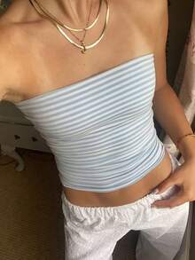 Women's Striped Bandeau Top, Strapless Cropped Tank, Suitable For Summer, Blue & White Horizontal Stripes Casual - Baby Blue - View 2