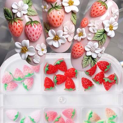 Bộ dụng cụ trang trí móng tay hình quả dâu tây 3D màu hồng, đế phẳng, món quà hoàn hảo cho Ngày Valentine, Ngày của Mẹ, sinh nhật và các ngày lễ khác.
