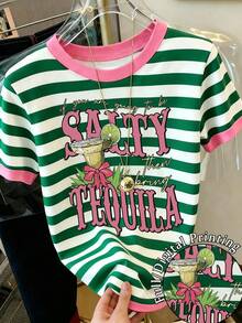 Áo thun nữ mùa hè SALTY TEQUILA kẻ sọc xanh hồng cổ điển, phối màu tương phản, thích hợp cho kỳ nghỉ và đi biển, áo thun đơn giản cổ tròn tay ngắn màu trơn, trang phục thường ngày thoải mái. - Màu xanh lá cây đậm - Xem 1