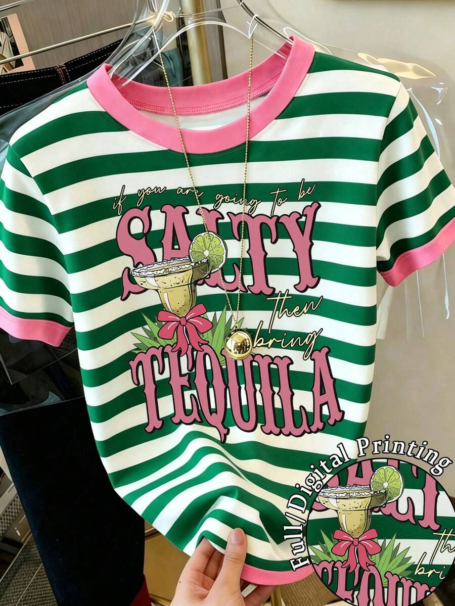 Áo thun nữ mùa hè SALTY TEQUILA kẻ sọc xanh hồng cổ điển, phối màu tương phản, thích hợp cho kỳ nghỉ và đi biển, áo thun đơn giản cổ tròn tay ngắn màu trơn, trang phục thường ngày thoải mái. - Màu xanh lá cây đậm - Xem 1