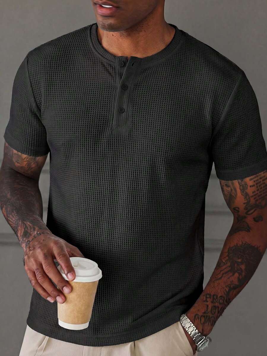 GRDR Lightweight Business Casual Waffle Polo Shirt, White, Button-Up, Short Sleeve, Versatile For Summer Commute - Black - View 1