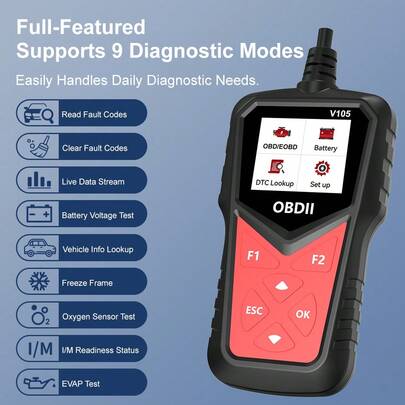 Analyseur de diagnostic automobile OBD, effaceur de codes d'erreur, outil de diagnostic informatique de véhicule universel, lecteur de codes simple, détection rapide des problèmes de moteur, sans batterie requise, outil d'auto-vérification automobile pour la maison avec écran couleur. Prend en charge 10 langues.