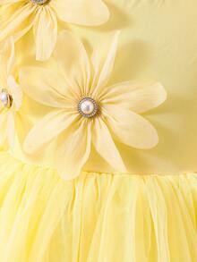 Girls' Best-Selling Light Yellow Mesh A-Line Princess Dress, V-Neck Zipper Design, Sweet Casual Cute Style, Spring/Summer - Yellow - View 5