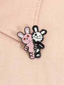 1pc Dark Punk Style Twin Rabbit Enamel Brooch, Stitched Smile Plush Rabbit Badge, Fashion Accessory, Unisex Design, Gift For Friends - Multicolor - View 5