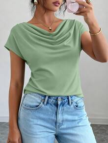 PRETTYGARDEN Women's Summer Clothes Tops Dressy Casual Clothing Cowl Neck Short Sleeve Blouses Business Work Office Shirts  Tops For Women - 鼠尾草綠 - 查看 5