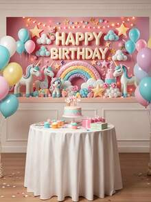 1pc-Unicorn Happy Birthday Banner, Pink Rainbow Birthday Backdrop, Polyester Birthday Party Decorations, Indoor Outdoor No Power Needed Background, Reusable Wall Decor For Room, Garden, Entryway, Photo Booth Supplies For Birthday Party - A - View 1