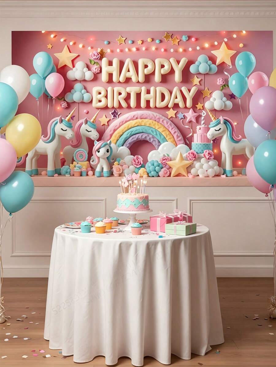1pc-Unicorn Happy Birthday Banner, Pink Rainbow Birthday Backdrop, Polyester Birthday Party Decorations, Indoor Outdoor No Power Needed Background, Reusable Wall Decor For Room, Garden, Entryway, Photo Booth Supplies For Birthday Party - A - View 1