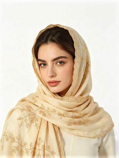 1 Piece Women's Shimmer Glitter Hijab Shawl Floral Embroidery Shinny Scarf With Lace Edge For Party Wedding Festival, Abaya