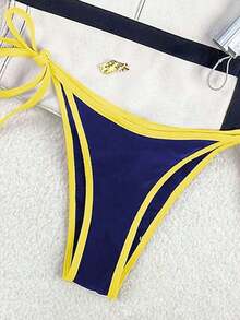 Traje de baño para mujer Swim Mod 2026 Primavera/Verano, con tirantes finos y cuello halter, en azul marino y amarillo en contraste, conjunto de bikini con lazo lateral para vacaciones. - Rosa - Ver 7