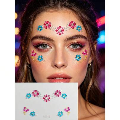 1 Set Colorblock Floral Heart Face Jewel Stickers, Fuchsia Heart Flower + Turquoise Clover Design, Waterproof Long-Lasting Bindi Stickers For Music Festivals And Party Makeup