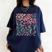 Boho Daisy Flower Tee Shirt  Botanical Tee Boho Tee Wildflower Shirt Plant Shirt Retro Floral T-Shirt Gardener Gifts  Women's Casual Oversized Floral Print T-Shirt, Short Regular Sleeve Round Neck Tee With Slight Stretch Fabric For Summer Party Style - 藏蓝色 - 查看 2