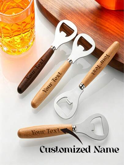 Ouvre-bouteille personnalisé avec manche en bois gravé, ouvre-bouteille de bière en acier inoxydable avec votre nom/texte/logo gravé au laser, outil de cuisine et de bar durable, cadeau unique pour le marié, mariage, anniversaire, amateurs de bière
