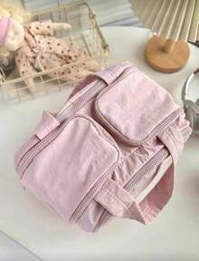 New Fashionable Women's Lightweight Travel Cosmetic Bag 4-Compartment Design Front Pocket With Two Large Mesh Pockets And Clear Bottom Storage Bag Includes Elastic Drawstring Makeup Brush Pouch Available In Four Colors - Pink - View 3
