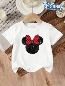 Disney Girls T-Shirt 6 Months-3 Years Glitter Minnie Mouse Head Print Red Bow Kids Short Sleeve Tee Summer Casual Wear Birthday Party Outfit Express Delivery - trắng - Xem 2