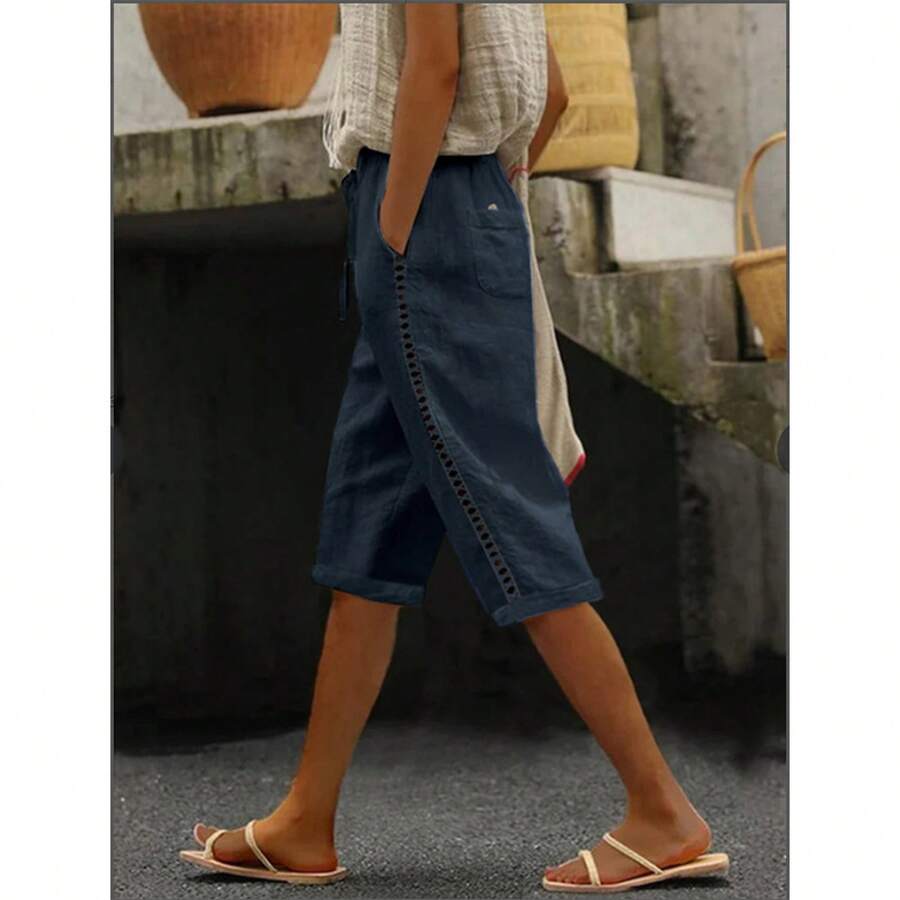 Casual Summer Shorts In Woven Cotton-Linen With Openwork Side Lace - Navy Blue - View 1